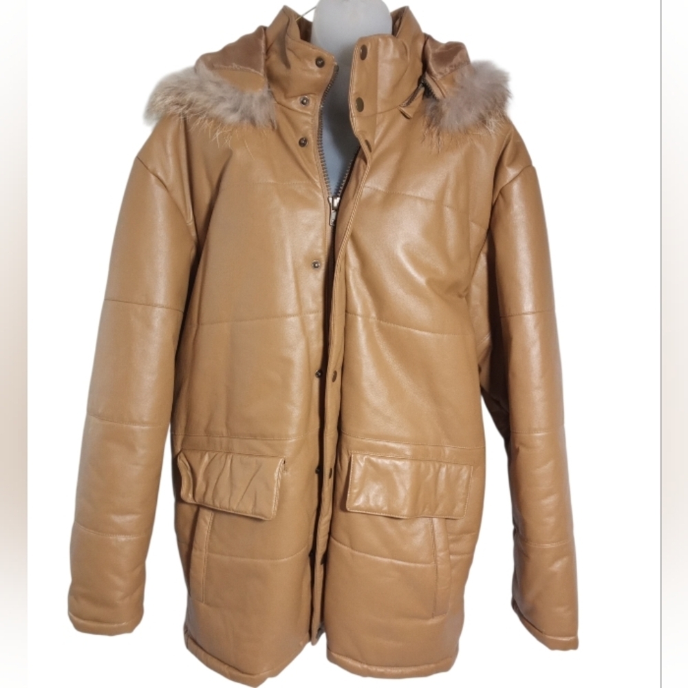 Wilsons Leather M Julian Tan Hooded Leather Zip Jacket Faux Fur Trim Coat Sz L